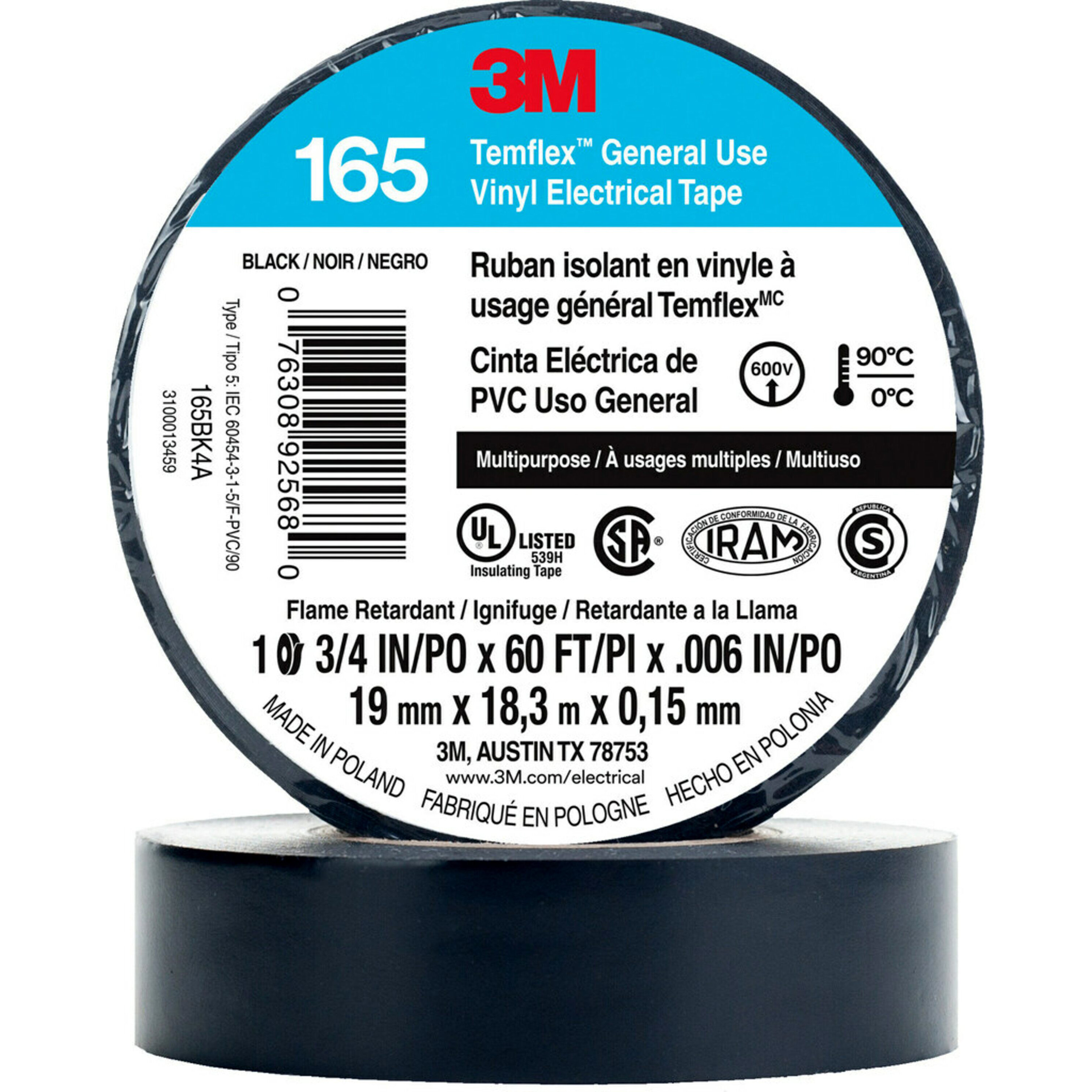 7100169254, 3/4IN BLACK VINYL TEMFLEX 165, 7100169254